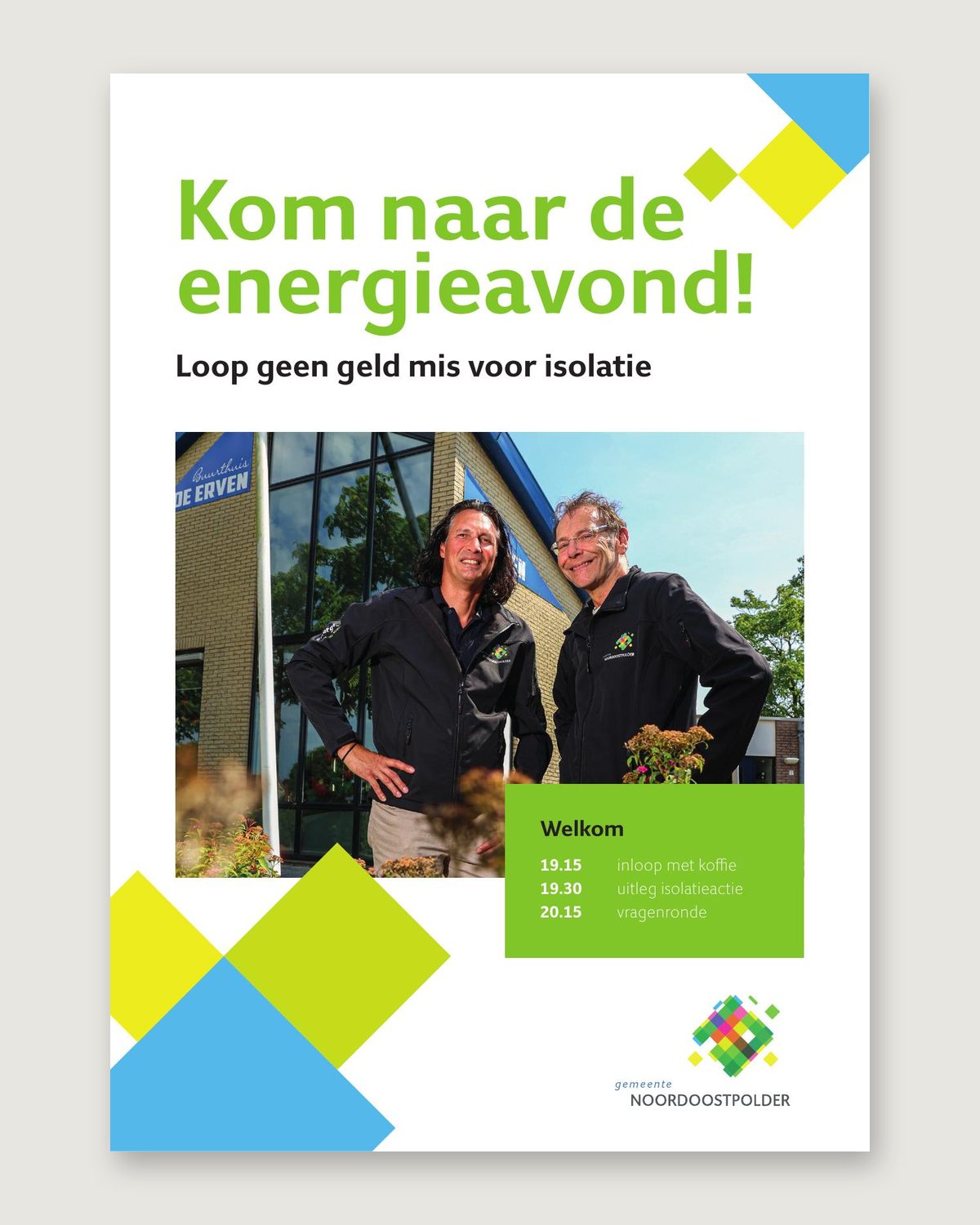 Flyer voor de energieavonden in Emmeloord met alle data en locaties