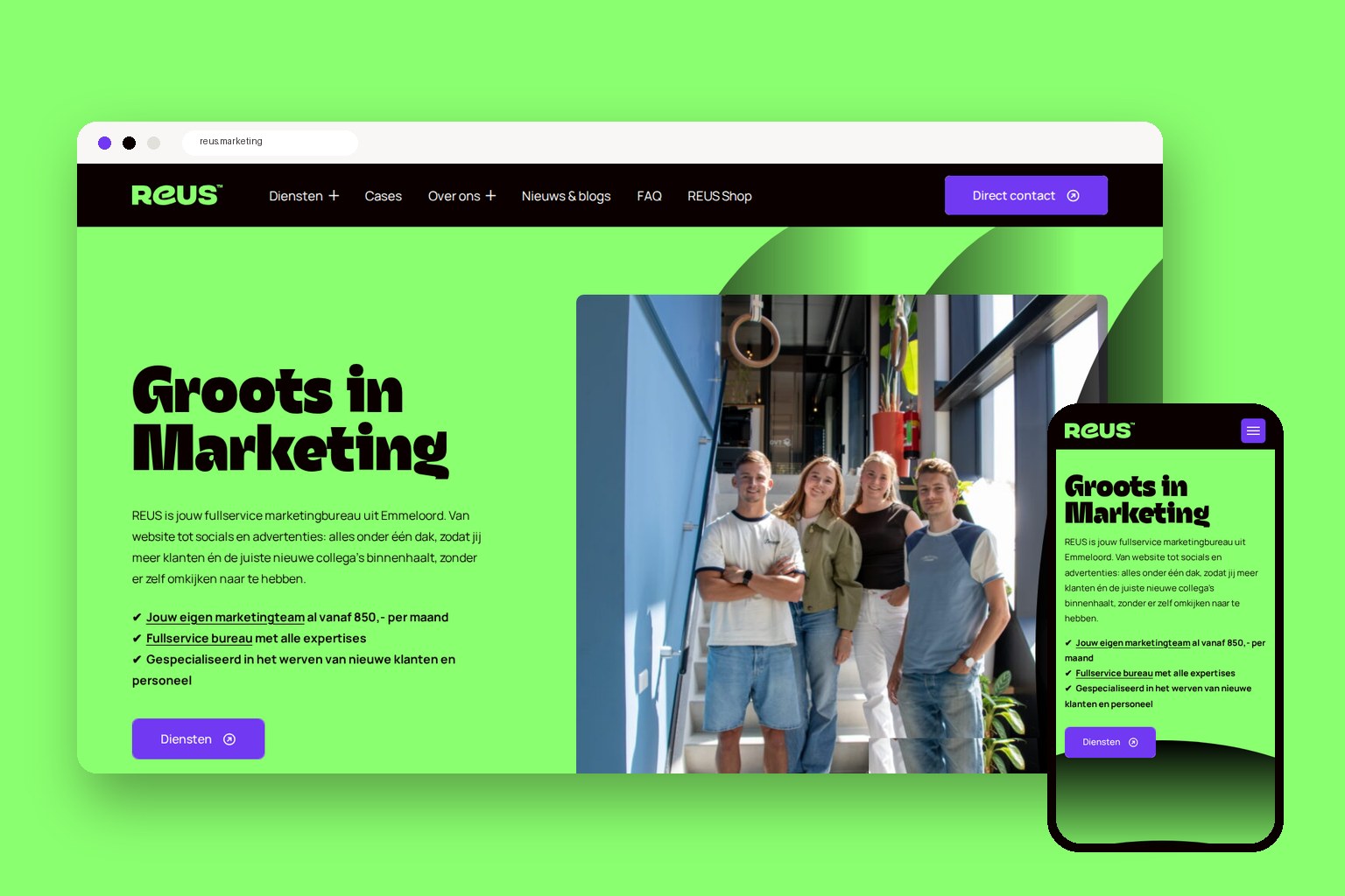 De nieuwe website van REUS op een laptop en een telefoon