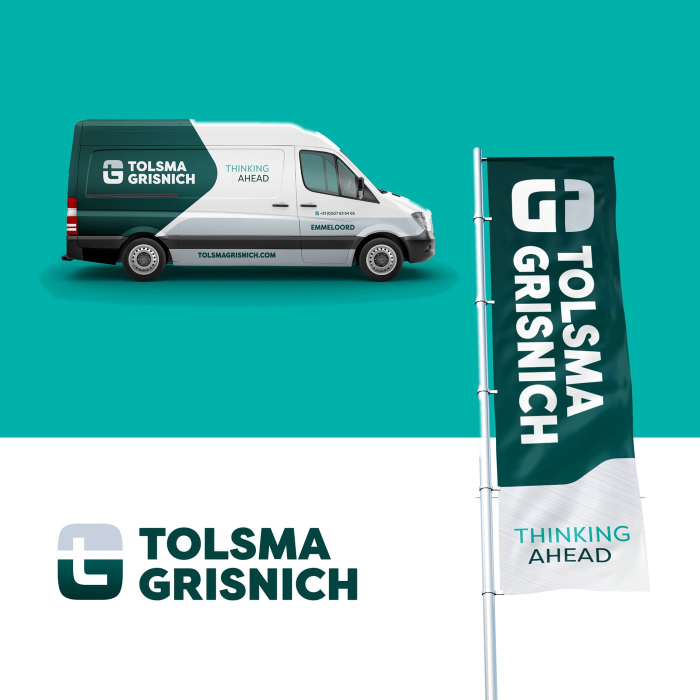 Grafische vormgeving door REUS: logo en huisstijl van Tolsma-Grisnich op bus en vlag
